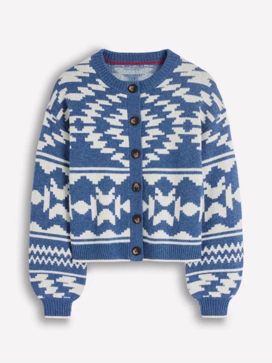 Boden Sweaters - Boden Abi Jacquard aztec fair isle blue Button-Front Patterned Cardigan